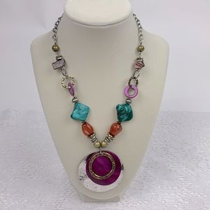 Statement Necklace Silver Chain Multicolor beads and metal pendants Adjustable